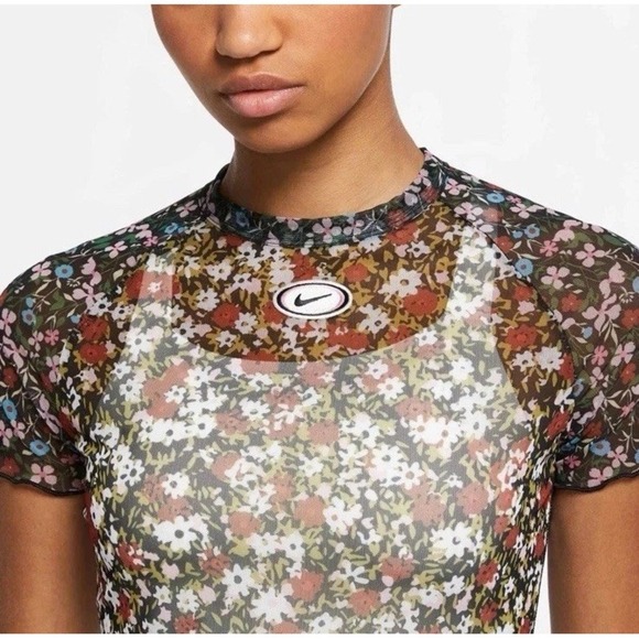 Nike Mesh Floral Sheer Top Women's Small Y2K Vintage Style Short Sleeve Stretch - Picture 2 of 8